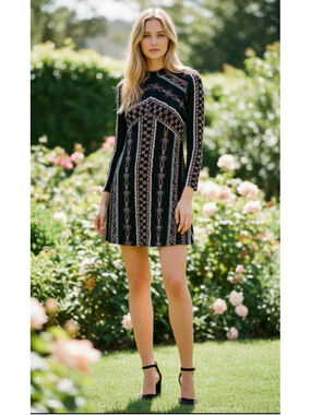 Free People Stella Geometric Mini Dress XS | Mock Neck | Long Sleeve | Back Zip